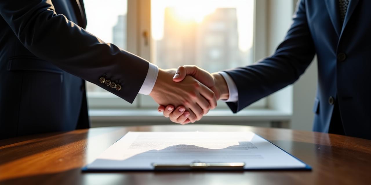 Business partners shaking hands in a London office setting, signifying a secure agreement
