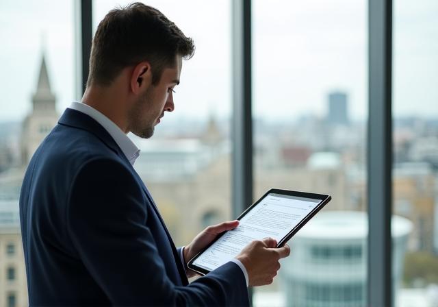 Legal professional reviewing a digital contract on a tablet in a London office