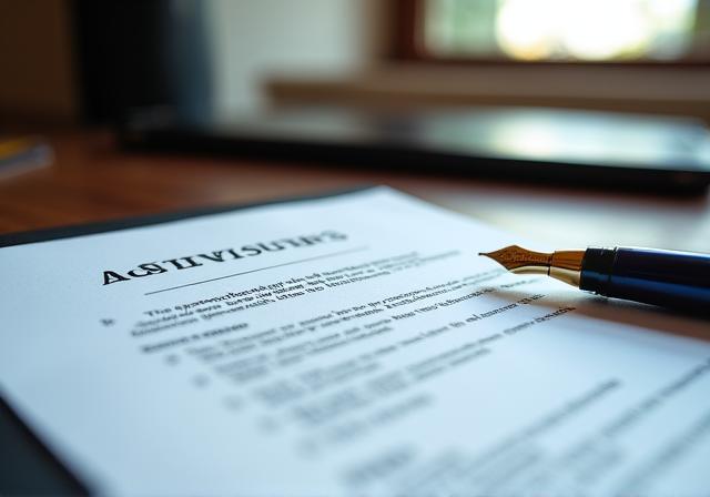 Close up of professional legal documents and a fountain pen on a mahogany desk