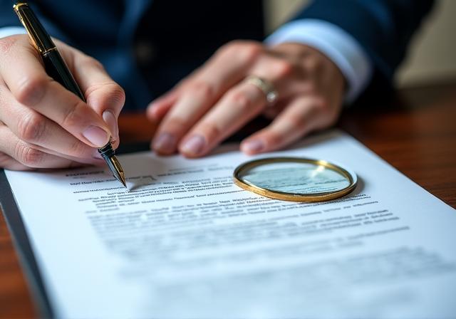 A legal professional meticulously reviewing a commercial contract with a magnifying glass